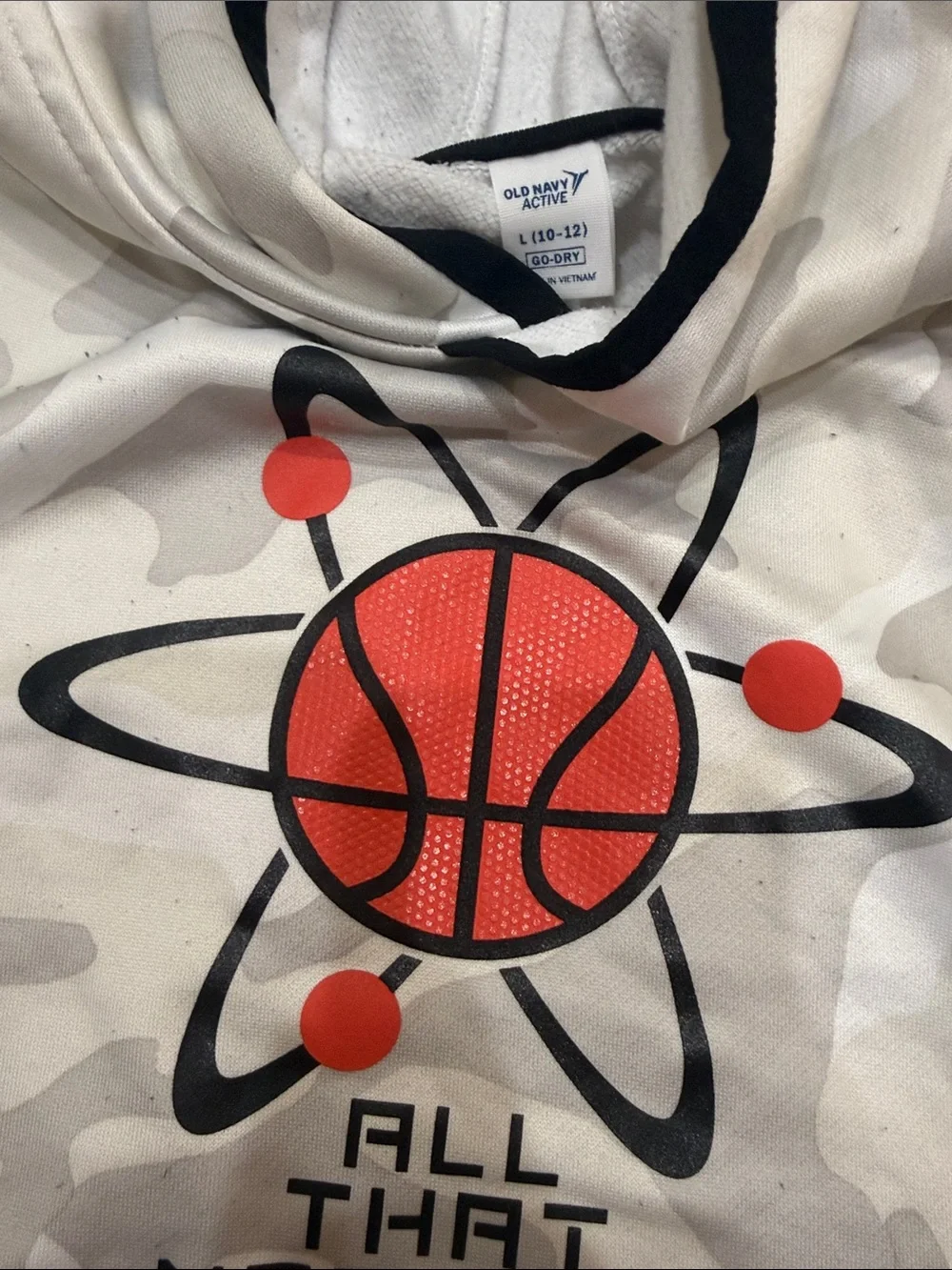 Old Navy White/Cream Camo Sleeveless Hoodie with Orange Basketball Graphic
